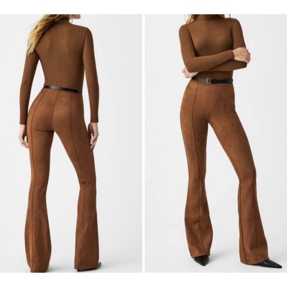 NEW Spanx Faux Suede Flare Pants Rich Caramel Brown Slimming Pull On Size Medium - Picture 2 of 10
